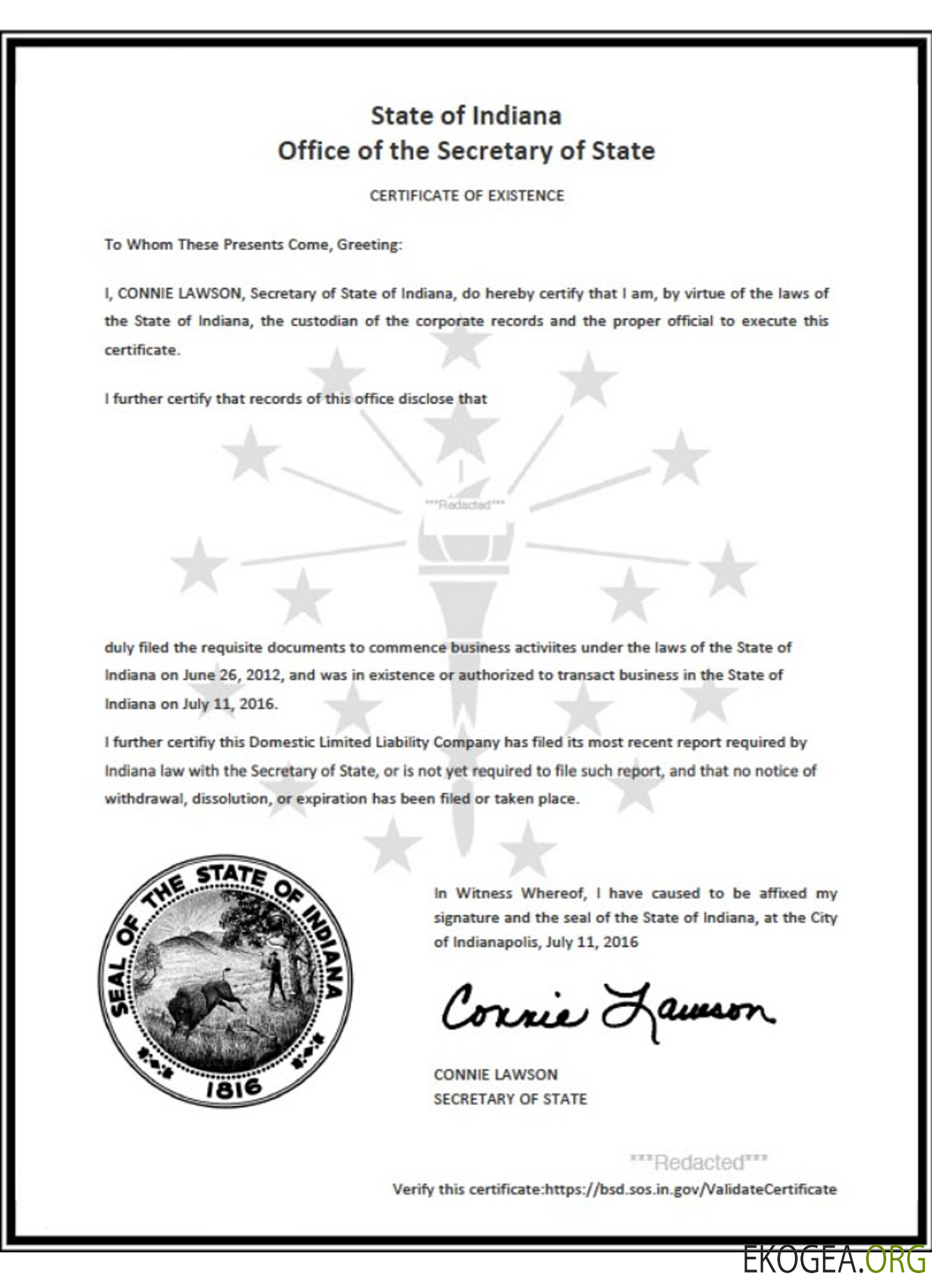 Certificat de bonne réputation USA Indiana